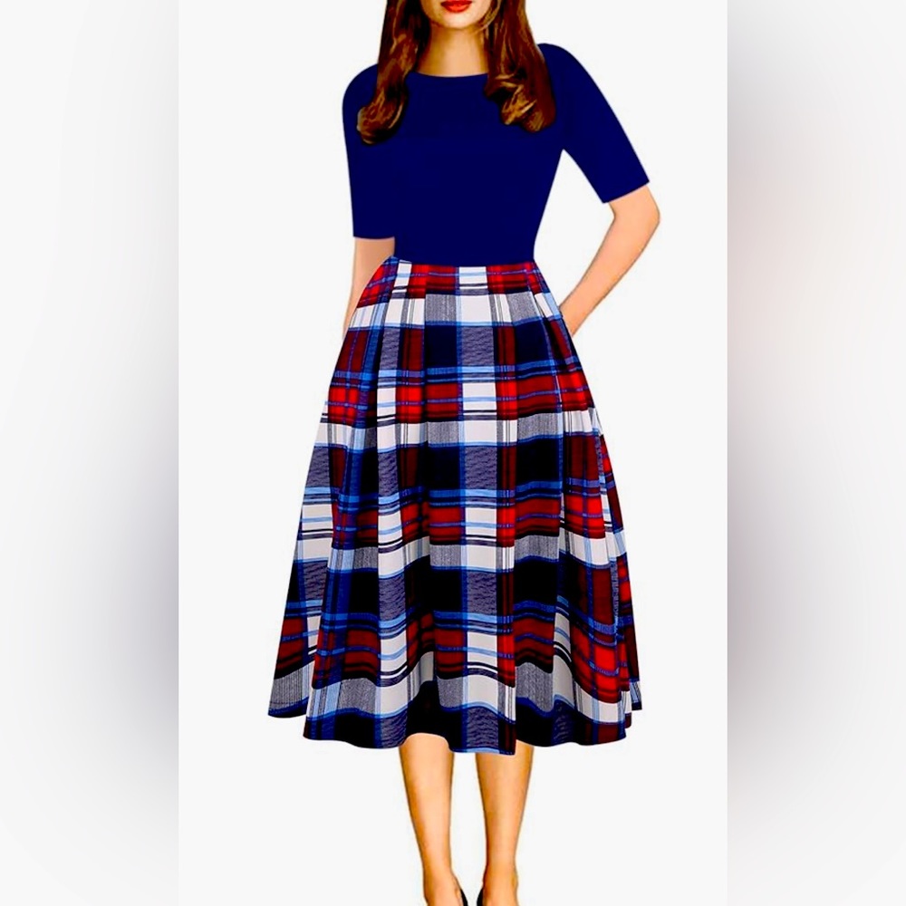 Size Large casual dress - Navy blue with red-blue plaid skirt - with pockets